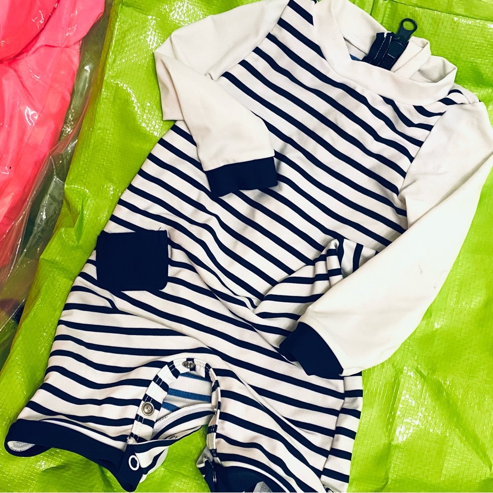 Navy and White Striped Kids Swim Rashguard